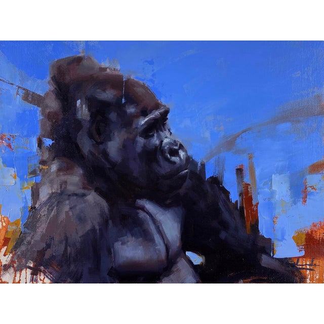 Pensive Moment by Calvin Lai | Oil on canvas and wood panel Gorilla in profile against a blue background For Sale