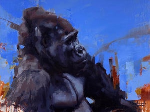 Pensive Moment by Calvin Lai | Oil on canvas and wood panel Gorilla in profile against a blue background