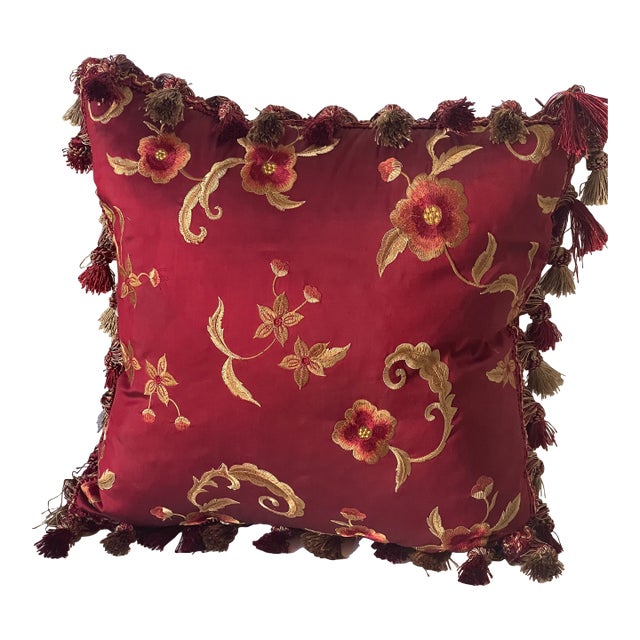 20 Th C Burgundy Ted Silk Embroidered Pillow With Tassels Feather Diwn Insert For Sale