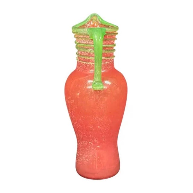 Mid 20th Century Vintage Murano Art Glass Pitcher, Scavo-Style, Coral-Red & Green For Sale - Image 5 of 9