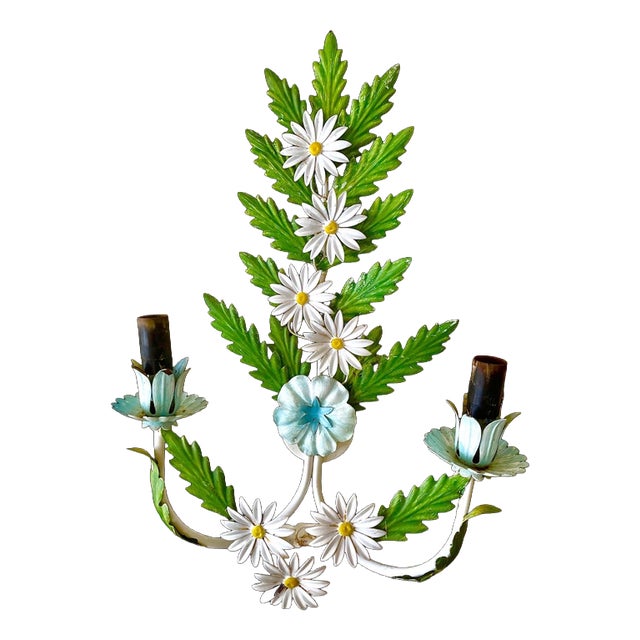 Floral Daisy Wall Light in Hand-Painted Tole Metal, Italy 1960s For Sale
