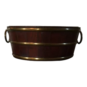 Small Scale Antique 19th Century English Regency Brass Bound Oval Wine Tub or Planter With Ring Handles