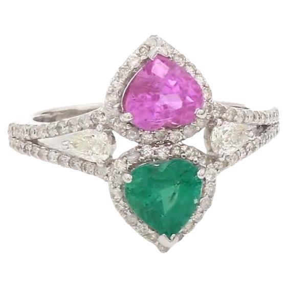 Natural 0.79 cts Zambian emerald and 0.99 cts sapphire ring in 18k gold For Sale - Image 15 of 18