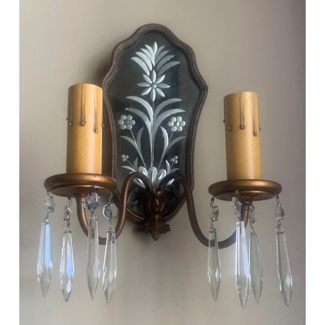 1910s Etched Mirror and Crystal Brass Sconces With Paint - a Pair For Sale - Image 4 of 10