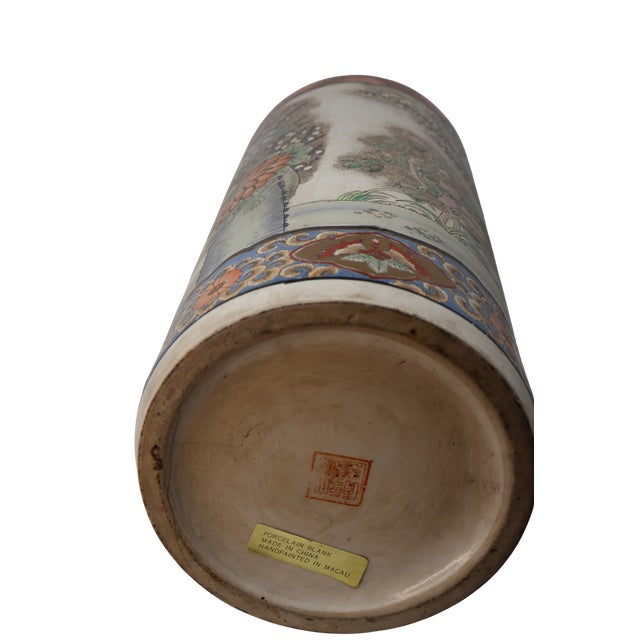 Vintage Macau Hand-Painted Porcelain Umbrella Stand With Floral Garden, Raised Enamels & Gilt Detail For Sale - Image 18 of 18
