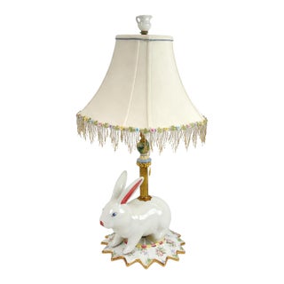 Late 20th Century MacKenzie-Childs Porcelain Bunny Rabbit Table Lamp With Beaded Fringe Shade For Sale