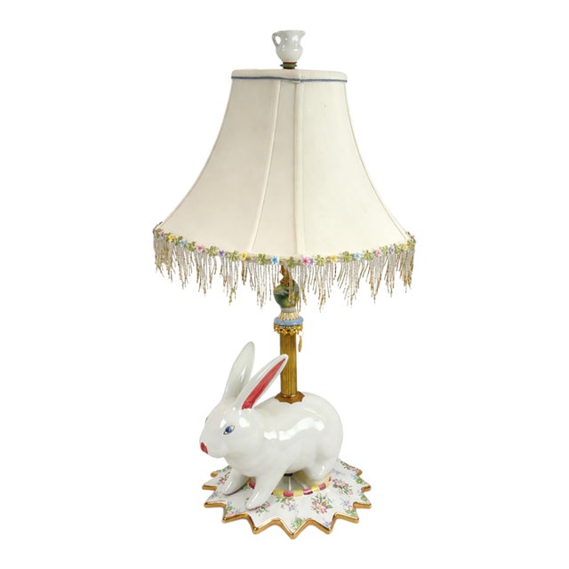 Late 20th Century MacKenzie-Childs Porcelain Bunny Rabbit Table Lamp With Beaded Fringe Shade For Sale