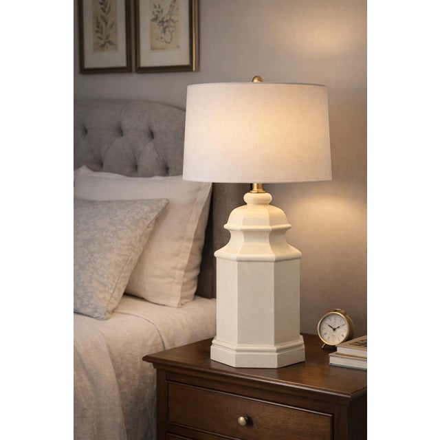 Cream 1970s Octagonal Architectural Cream Glazed Ceramic Table Lamp With 17” Drum Shade – For Sale - Image 8 of 8