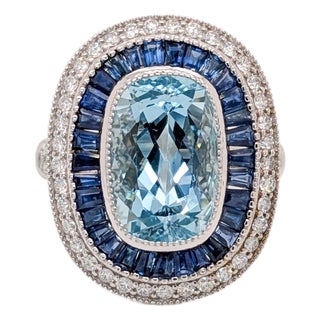 5.3ct Aquamarine Ring With Sapphire and Diamond Accents: Solid 14k Gold, Size 6.75 For Sale