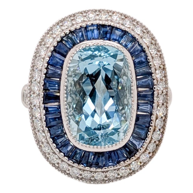 5.3ct Aquamarine Ring With Sapphire and Diamond Accents: Solid 14k Gold, Size 6.75 For Sale