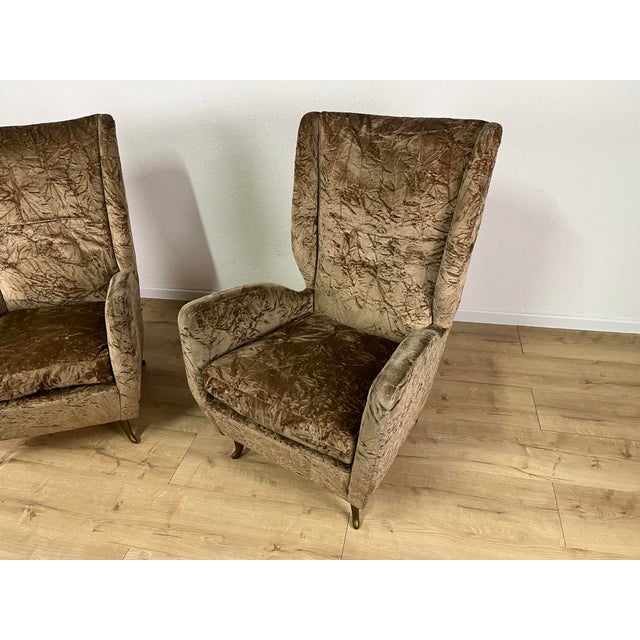Pair of original beige velvet armchairs with herringbone pattern and brass legs, model 408, designed by Gio Ponti for Isa...