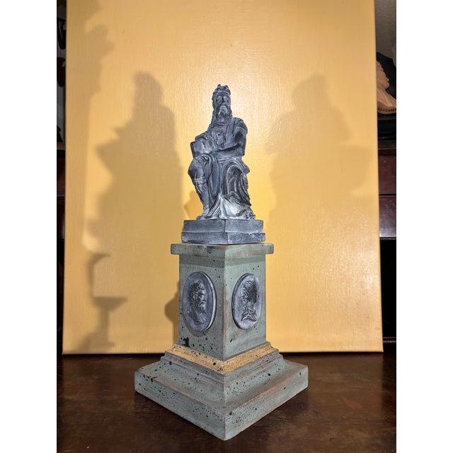 Black Italian Grand Tour Style Statue of Moses Figure After Michelangelo on the Classical Pedestal With Intaglios For Sale - Image 8 of 10