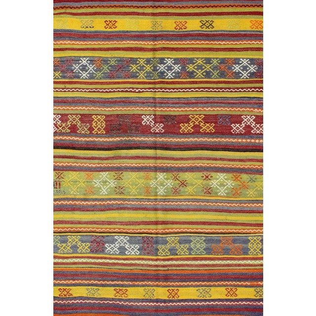 Tribal Vintage Turkish Kilim Rug in Yellow, Red, Green, and Blue With Tribal Motifs For Sale - Image 3 of 13
