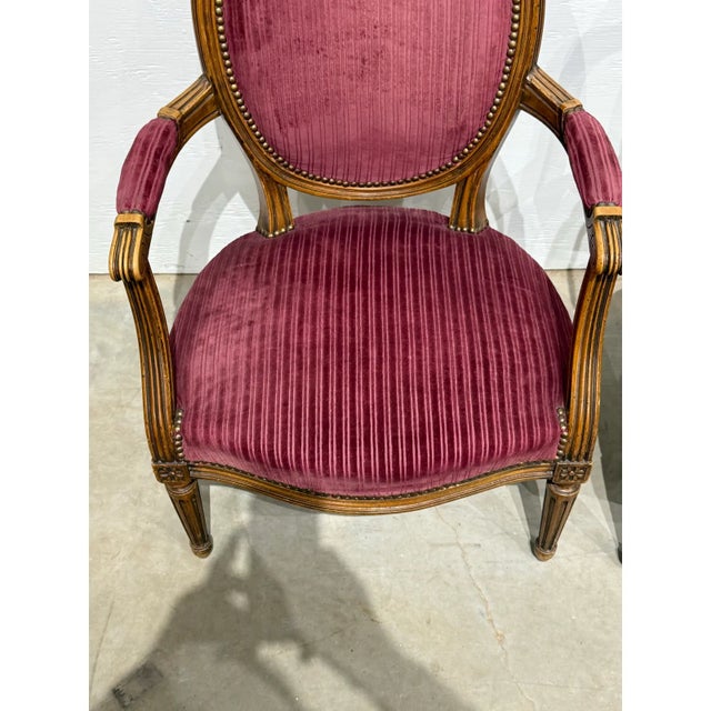 1920s French Louis XVI Vintage Solid Walnut Carved Armchair or Bergere - A Pair For Sale - Image 9 of 11
