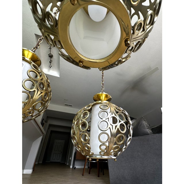 Trio (3) Mid-Century Hollywood Regency Pierced Brass Cluster Pendant Chandelier $4,500 For Sale - Image 17 of 18