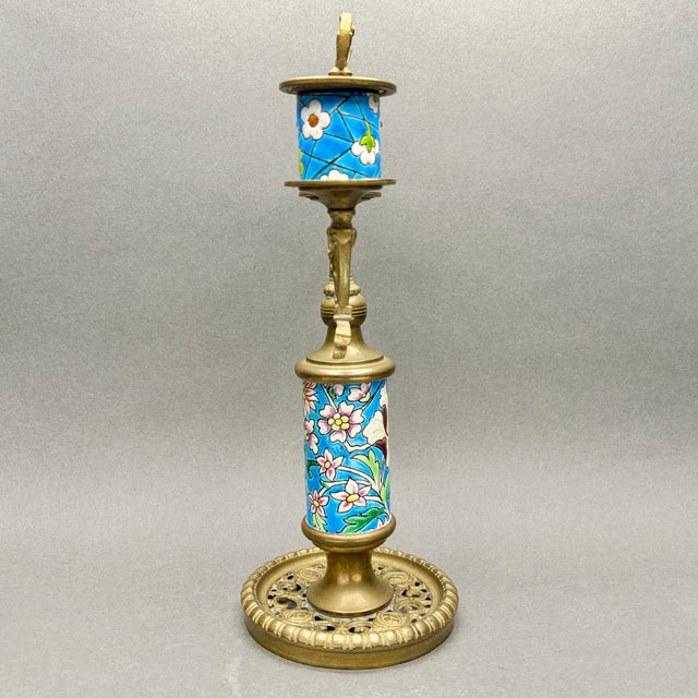 Longwy Antique Longwy France 1920s Turquoise Floral Enamel and Brass Two Arm Candelabra For Sale - Image 4 of 12