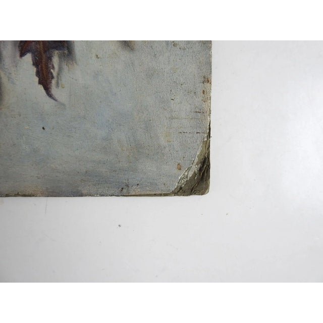 Antique oil on artist board painting of oak leaves. Signed illegibly lower left corner. Unframed, considerable corner...