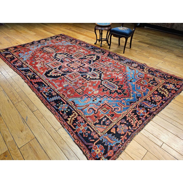 Textile Antique Persian Heriz Serapi Gallery Rug, Hand-Knotted Wool, Geometric Medallion Pattern, Red & Blue, 7x12 For Sale - Image 7 of 11