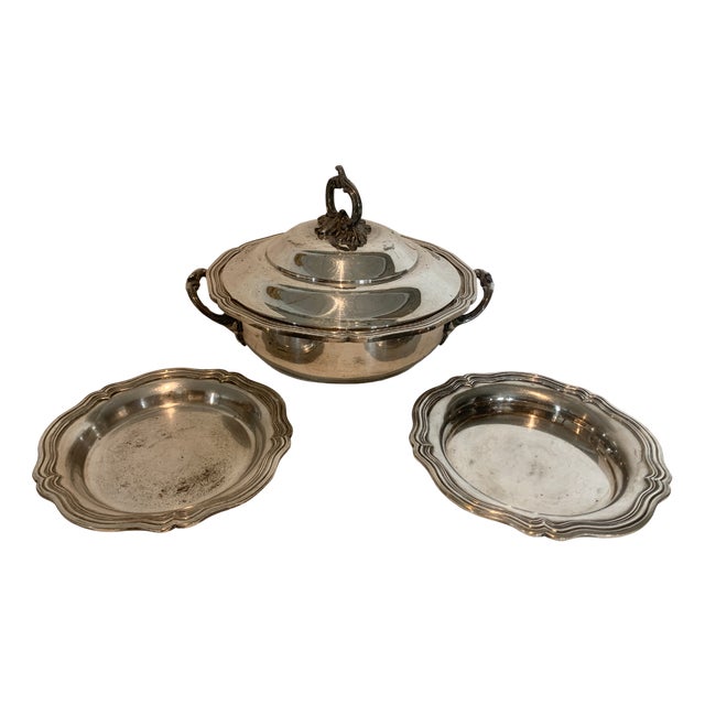 Lidded Bouillon Bowl and Small Silver-Plated Metal Dishes, 20th Century, Set of 3 For Sale