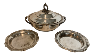 Lidded Bouillon Bowl and Small Silver-Plated Metal Dishes, 20th Century, Set of 3