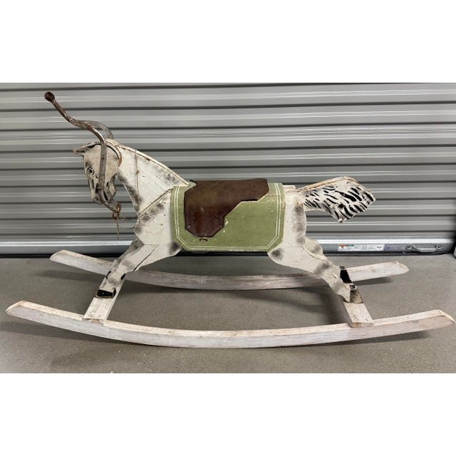 Folk Art Antique Wooden Rocking Horse For Sale - Image 3 of 12