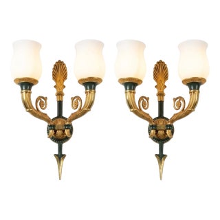 Gilt Bronze Double-Arm Wall Sconces with Frosted Glass Shades, 1950s, Set of 2 For Sale