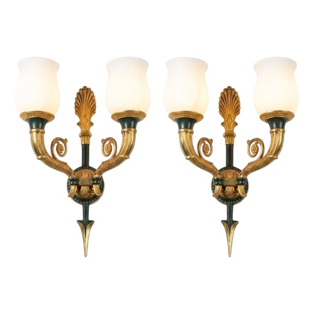 Gilt Bronze Double-Arm Wall Sconces with Frosted Glass Shades, 1950s, Set of 2 For Sale