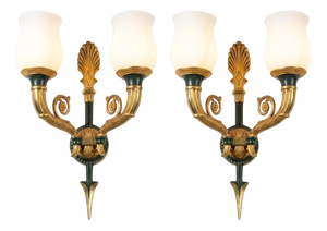 Gilt Bronze Double-Arm Wall Sconces with Frosted Glass Shades, 1950s, Set of 2