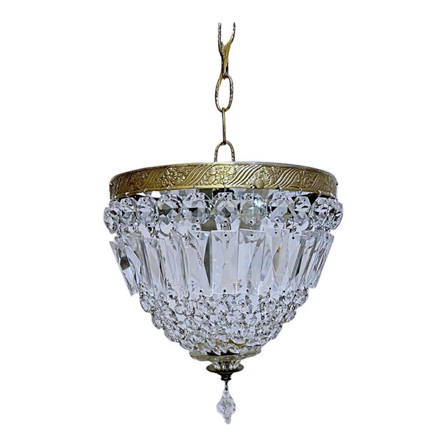 Vintage Neoclassical Brass Tiered Crystal Basket Chandelier For Sale