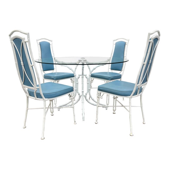 White Chinese Chippendale Bamboo Patio Set by Kessler For Sale