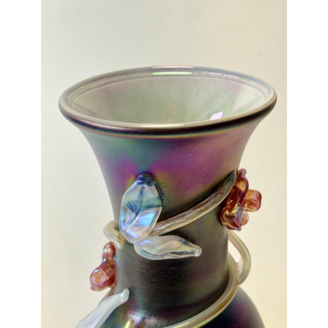 Iridescent Black Glass Vase with Sculpture Glass Flowers by Loetz For Sale - Image 4 of 8