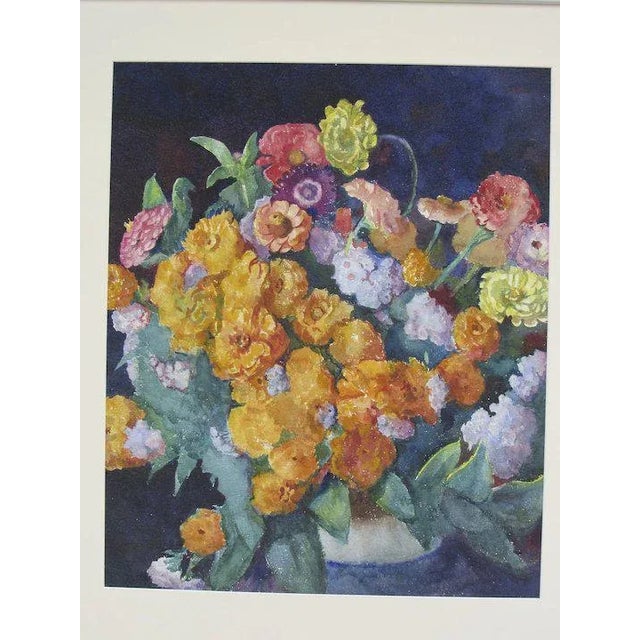 Navy Blue Mid 20th Century Floral Still Life Watercolor Painting by Violetta D. Prentiss Lingan, Framed For Sale - Image 8 of 13