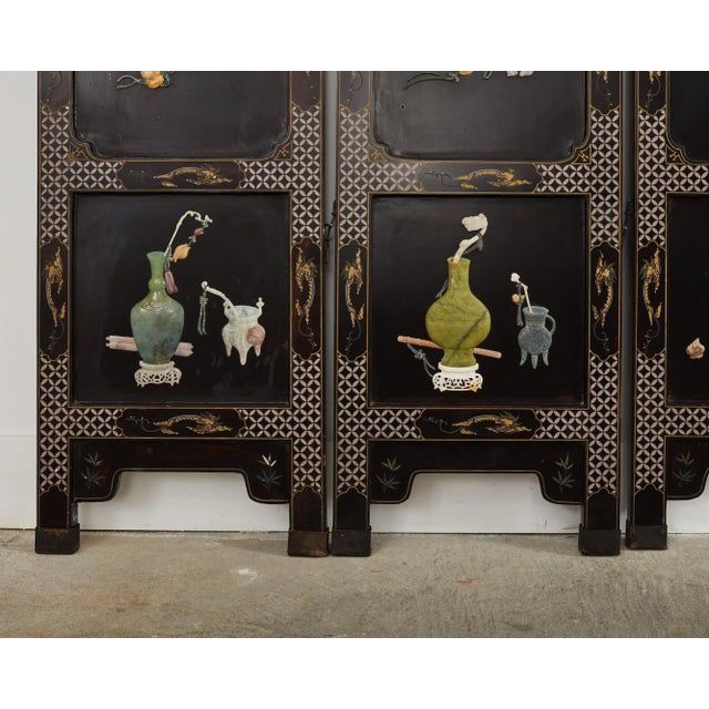 Chinese Export Six Panel Hardstone Lacquer Screen For Sale - Image 9 of 13