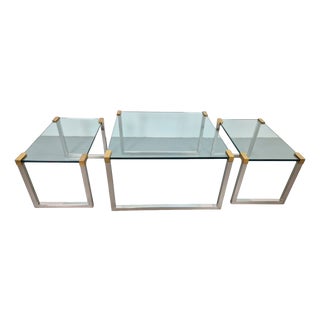 T53 Coffee and Side Tables in Brass and Glass by Peter Ghyczy, 1970s, Set of 3 For Sale