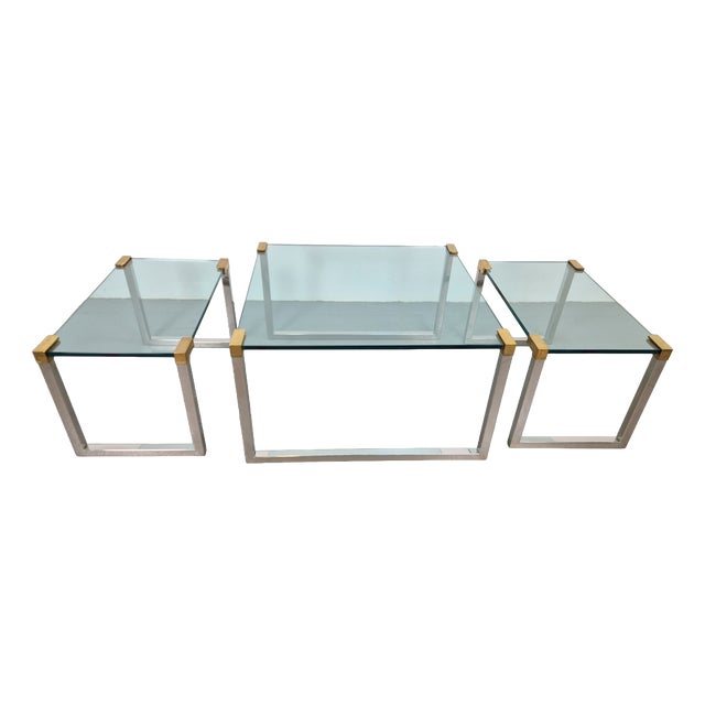 T53 Coffee and Side Tables in Brass and Glass by Peter Ghyczy, 1970s, Set of 3 For Sale