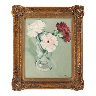 Small Scale Michel Dureuil (French, b. 1929) Still Life Oil Painting of Carnations in a Vase For Sale