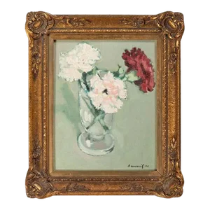 Small Scale Michel Dureuil (French, b. 1929) Still Life Oil Painting of Carnations in a Vase