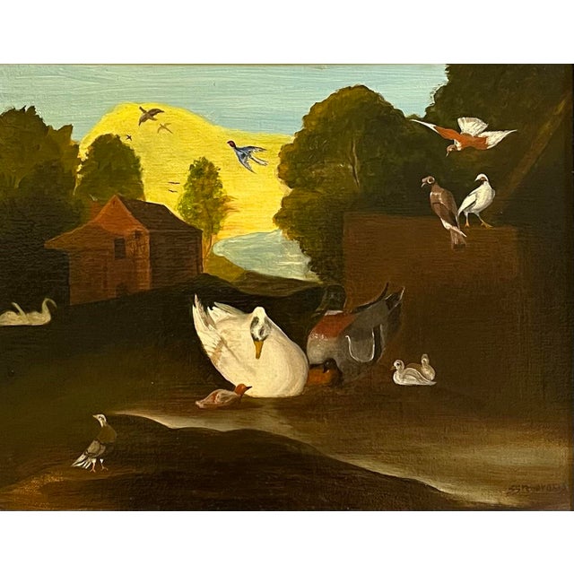Oil painting on hand stretched linen of exotic birds, with a swan in the foreground and pigeons flying throughout in a...