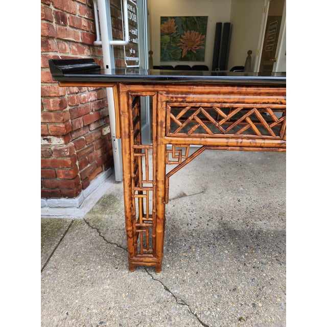 Late 20th Century Monumental Antique Style Chinese Bamboo Alter Console Table With Black Lacquer Top For Sale - Image 9 of 16