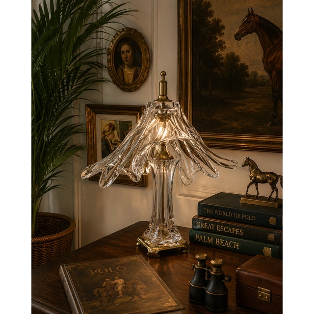 Vintage original Art Deco crystal table lamp in brass base with uniquely shaped beautifully blown crystal Cofrac Art...