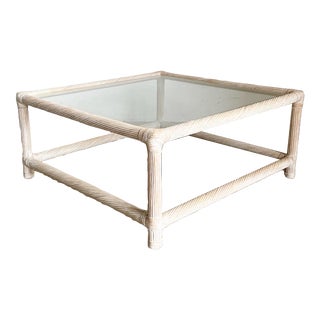 Boho Chic Twisted Pencil Reed Rattan Glass Top Coffee Table For Sale