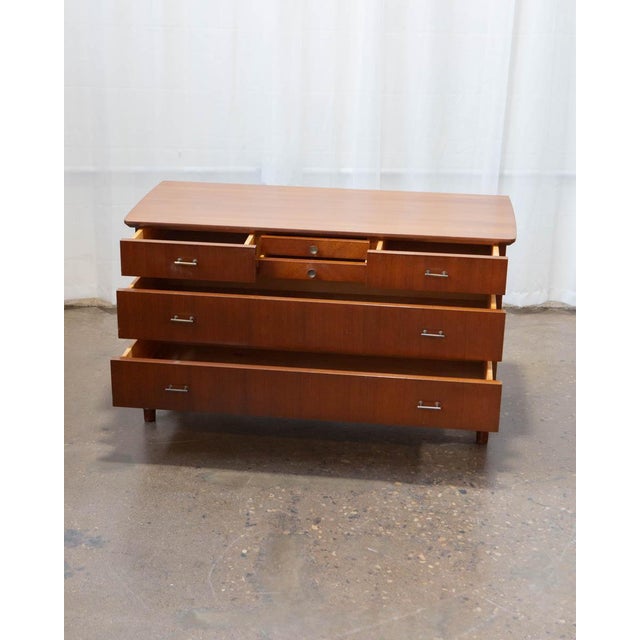 Brown Deco Style Danish Petite Chest of Drawers With Brass Hardware and Carved Legs, C. 1950s For Sale - Image 8 of 14