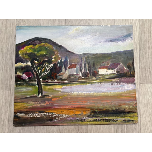 Alain Guennou, Landscape with Village & Lake, 1920s-1940s, Oil Painting For Sale - Image 4 of 4