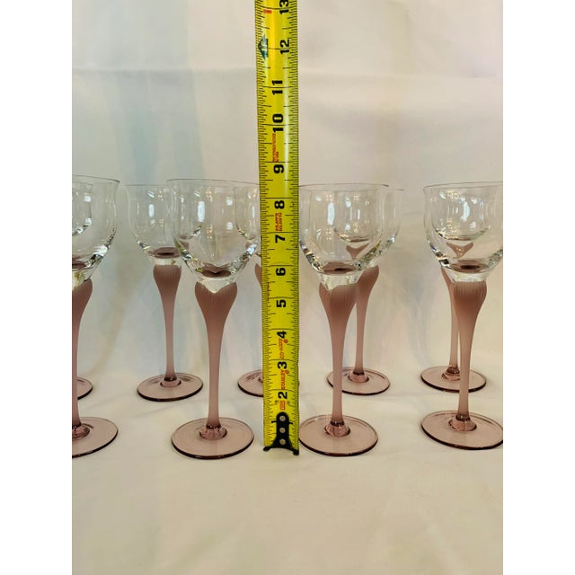 Vintage Frosted Dusty Rose-Color Stem Deco-Style Wine Glasses- Set of 9 For Sale - Image 11 of 13