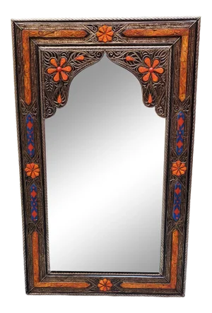 Moroccan Rectangular Orange Resin, Metal and Cedar Wood Arched Mirror