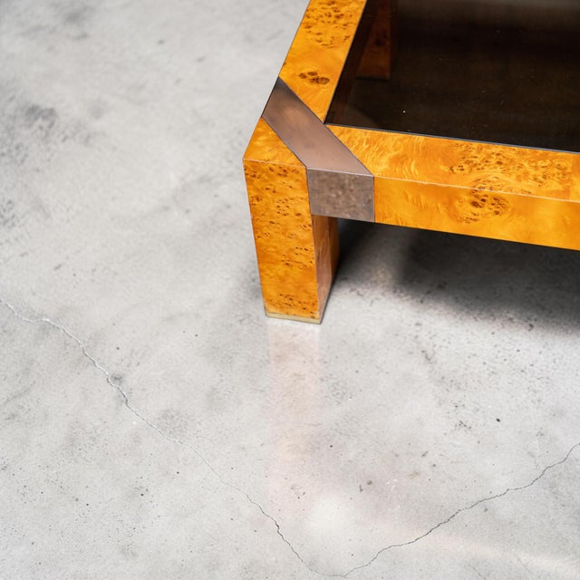1970s Burl & Smoke Glass Coffee Table With Chrome Trim in the Style of Milo Baughman For Sale - Image 9 of 18