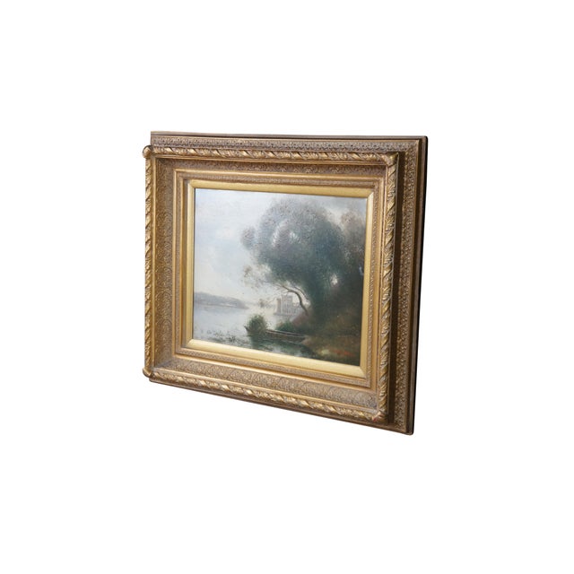 Vintage L. Stephano impressionist oil painting featuring small moored boat near a grassy riverbank and a large, sweeping...