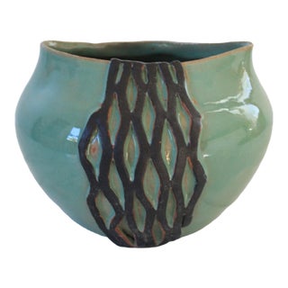Handmade Turquoise Studio Pottery Vase With a Dark Geometric Pattern For Sale