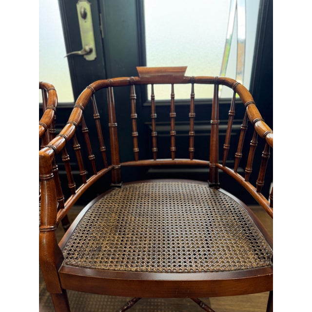 Pair of Baker Furniture Attributed Faux Bamboo Barrel Back Armchairs With Original Cane Seats & Cushions For Sale - Image 9 of 18