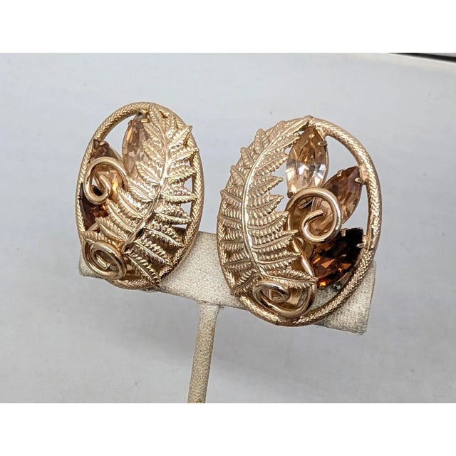 Napier Vintage 1950s Signed Napier Goldtone Faux-Topaz & Citrine Fern Clip Earrings-2 Pieces For Sale - Image 4 of 8
